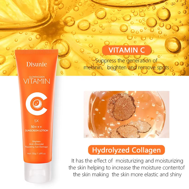 Protector solar Disunie FPS 50 con vitamina C: hidratante iluminador con colágeno para pieles oscuras