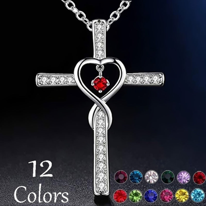 Collar LuxuryGlow "Amor infinito, Dios confiamos" - Colgante de cristal con cruz cristiana y piedra natal para mujer
