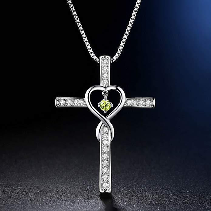 Collar LuxuryGlow "Amor infinito, Dios confiamos" - Colgante de cristal con cruz cristiana y piedra natal para mujer