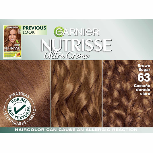 Garnier Nutrisse Nourishing Crème Hair Color – 63 Light Golden Brown (Brown Sugar) | Permanent Hair Dye with 5 Fruit Oils | 100% Gray Coverage | 2 Count