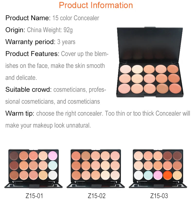 VERONNI 15-Color Cream Concealer Contour Palette – Full Coverage & Waterproof