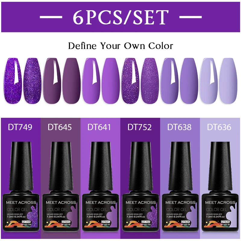 MEET ACROSS 6PC UV LED Gel Nail Polish Set – Soak Off Semi-Permanent Manicure Kit (7ml Each) C103