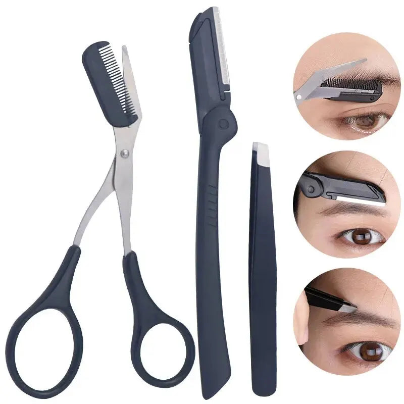 LuxuryGlow 3PCS Stainless Steel Eyebrow Grooming Set – Tweezer, Scissors & Comb Kit