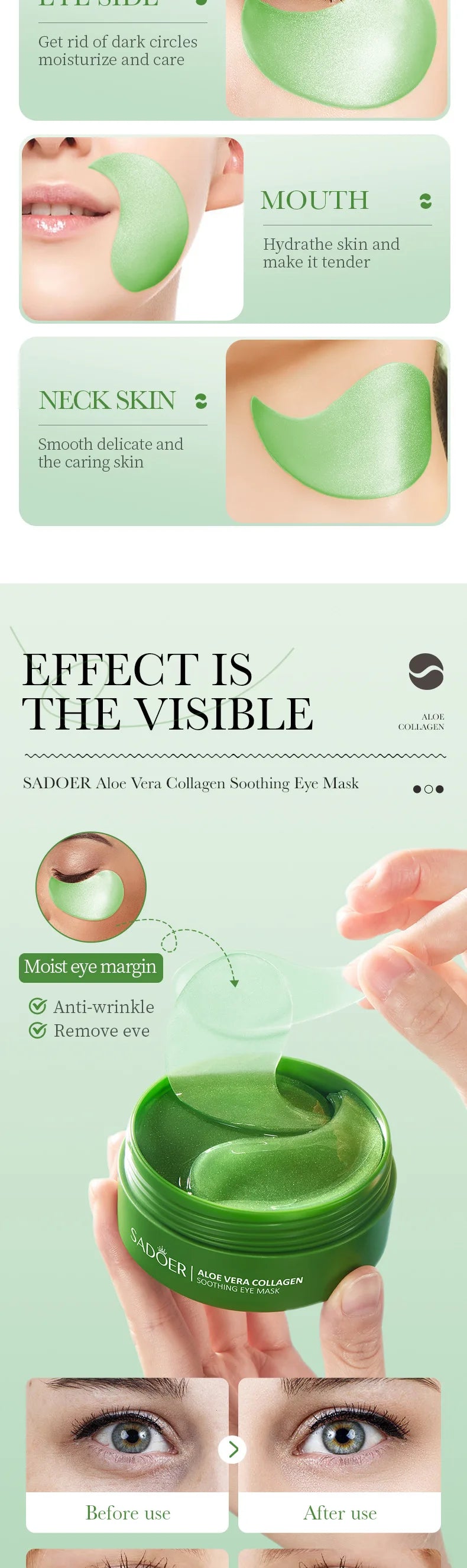 SADOER Collagen & Aloe Vera Eye Mask – 60 Pcs for Dark Circles, Puffy Eyes & Skin Firming