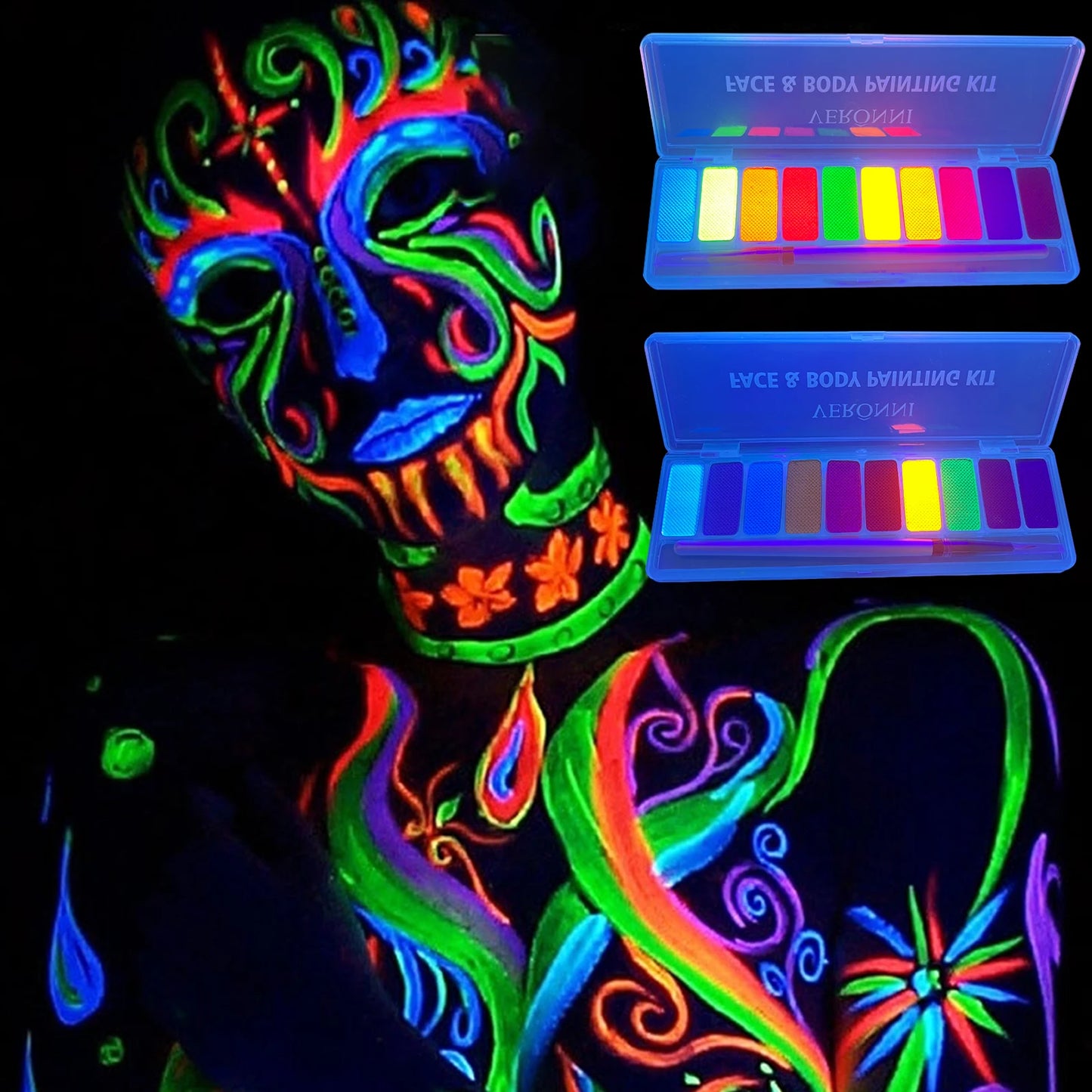 VERONNI UV Glow Neon Face & Body Paint – 10 Fluorescent Colors for Party Makeup