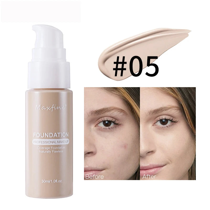 Base de maquillaje líquida MAXFINE: resistente al agua, al sudor y de cobertura total (30 ml)