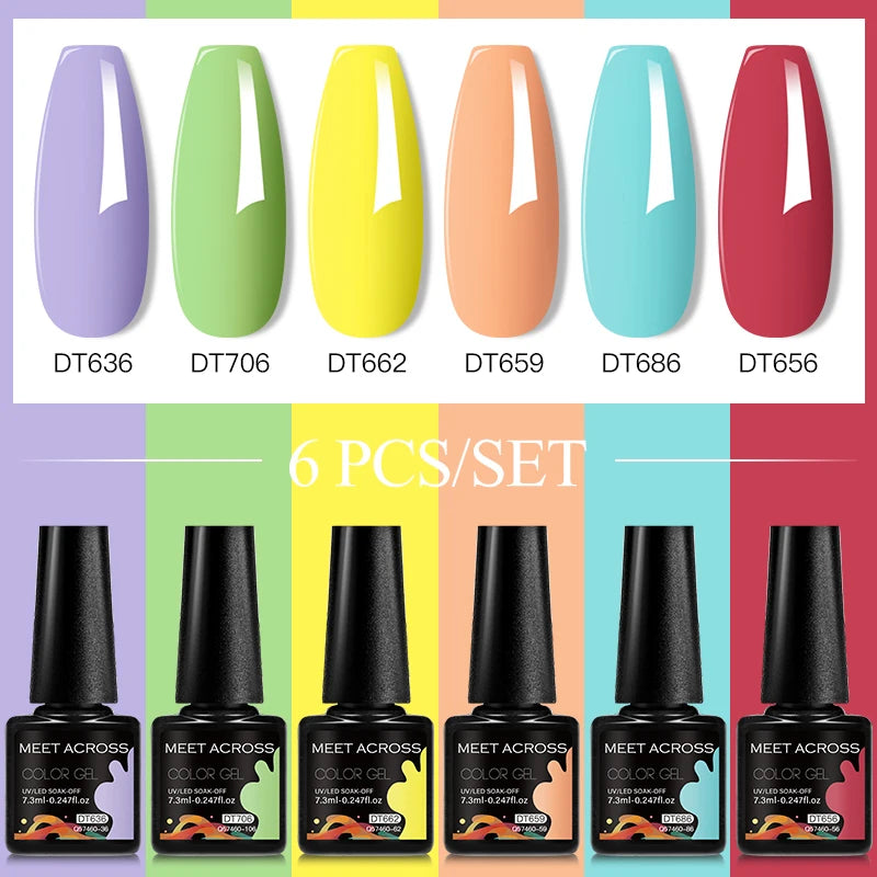 MEET ACROSS 6PC UV LED Gel Nail Polish Set – Soak Off Semi-Permanent Manicure Kit (7ml Each) C103