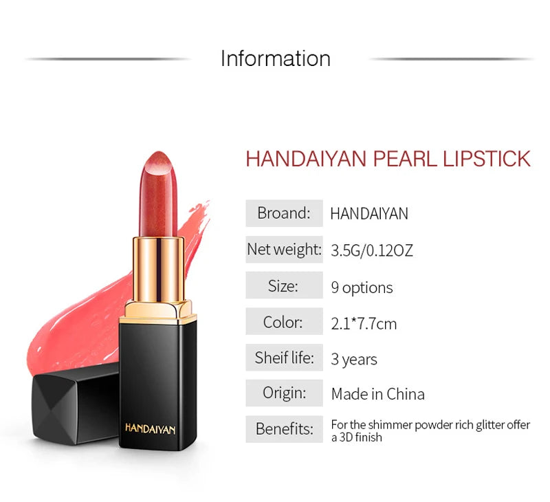 Lápiz labial hidratante Handaiyan Pearl: 9 colores, brillo duradero