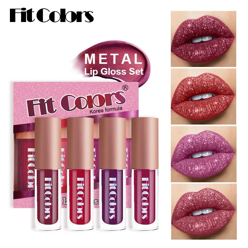 Set de brillo labial LuxuryGlow Fit Colors Velvet: 4 piezas de brillo labial duradero y resistente a las manchas con acabado diamante.