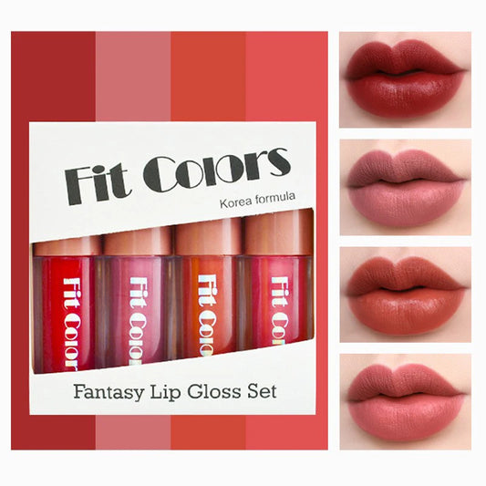 LuxuryGlow Fit Colors Velvet Lip Gloss Set – 4-Piece Long-Lasting, Transfer-Proof Gloss with Diamond Finish