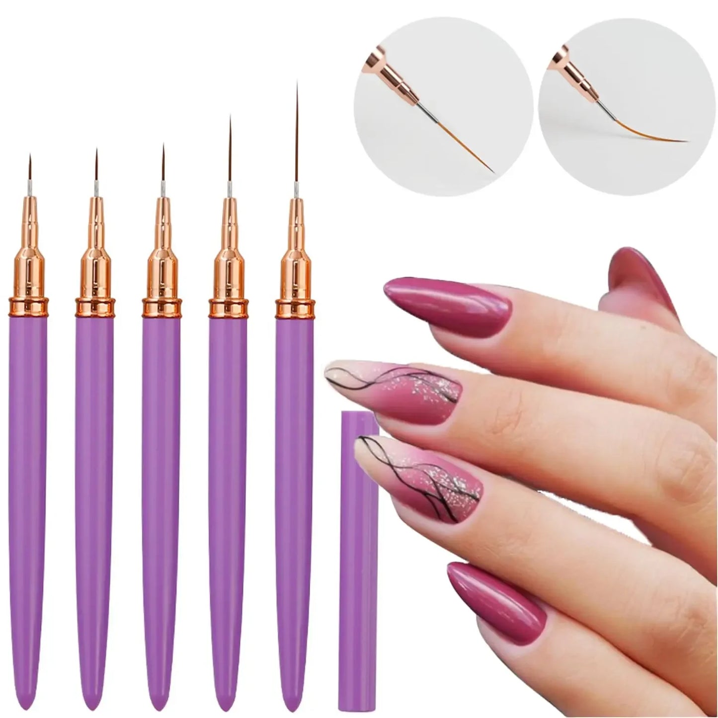Juego de 5 pinceles delineadores para uñas LuxuryGlow YIKOOLIN: pinceles de gel UV para uñas francesas y diseño de uñas artísticas.