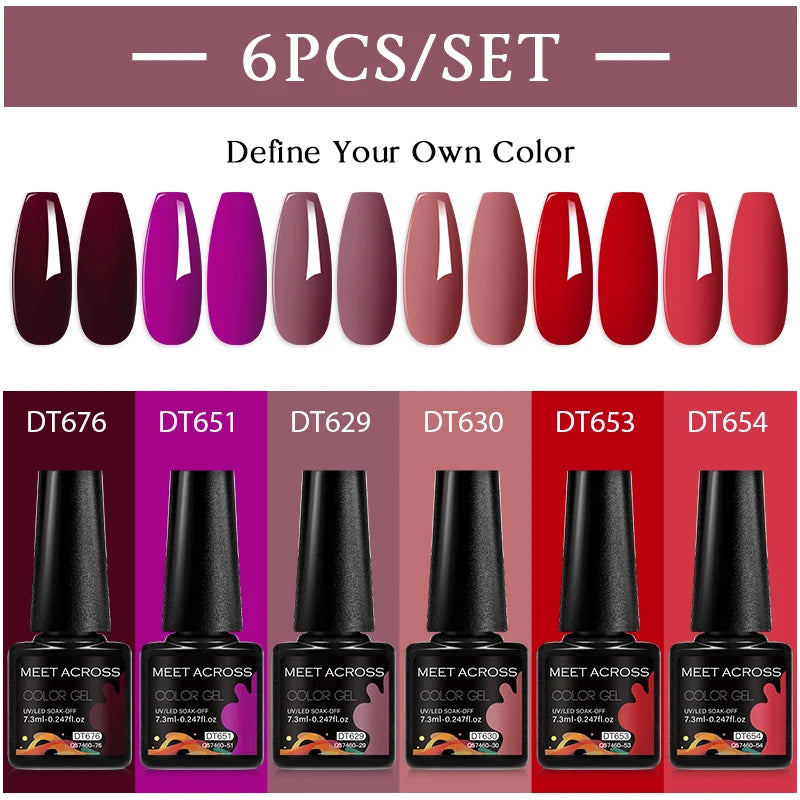 MEET ACROSS 6PC UV LED Gel Nail Polish Set – Soak Off Semi-Permanent Manicure Kit (7ml Each) C50