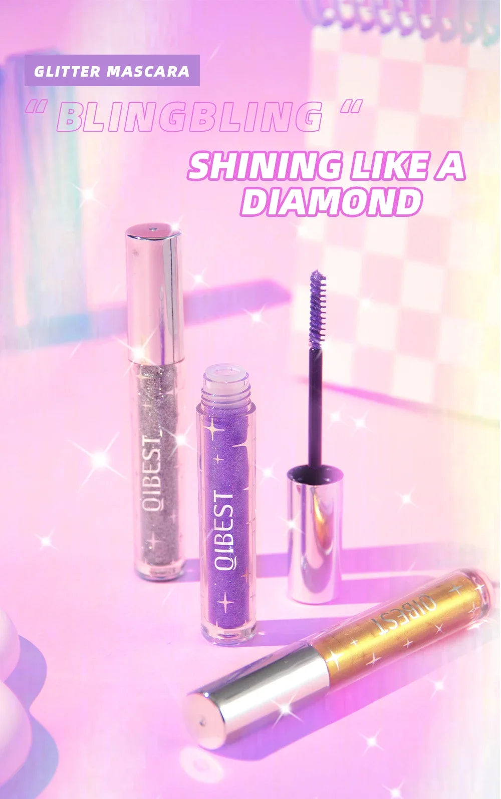 LuxuryGlow Diamond Purple Glitter Mascara – Curling, Volumizing & Sweatproof Shine