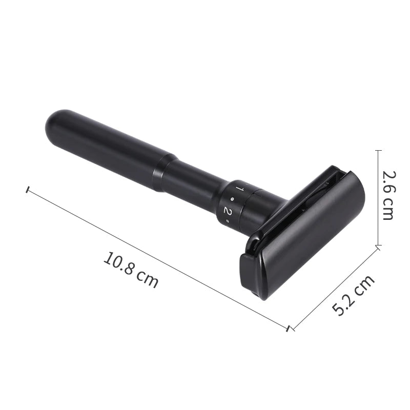 LuxuryGlow Mingshi Adjustable Metal Safety Razor – Classic Double Edge Shaver with 5 Blades (Black)