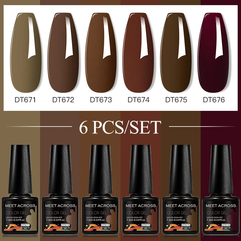 MEET ACROSS 6PC UV LED Gel Nail Polish Set – Soak Off Semi-Permanent Manicure Kit (7ml Each) C103