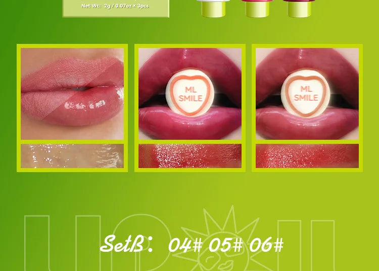 Set de labiales MLSMILE 3 en 1: brillo intenso, hidratante y duradero.