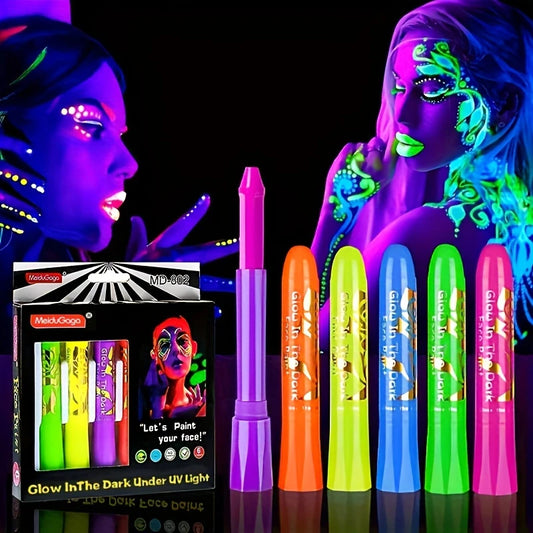 LuxuryGlow Glow in the Dark Face Paint Crayon Set – 6pcs Non-Toxic Neon Makeup Sticks