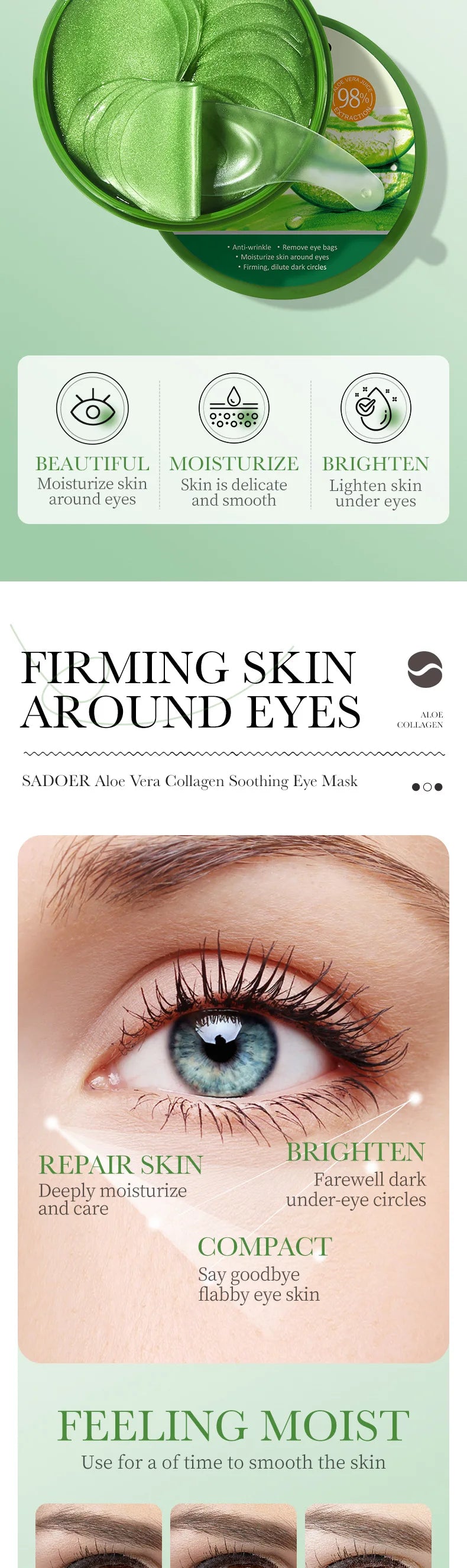 SADOER Collagen & Aloe Vera Eye Mask – 60 Pcs for Dark Circles, Puffy Eyes & Skin Firming