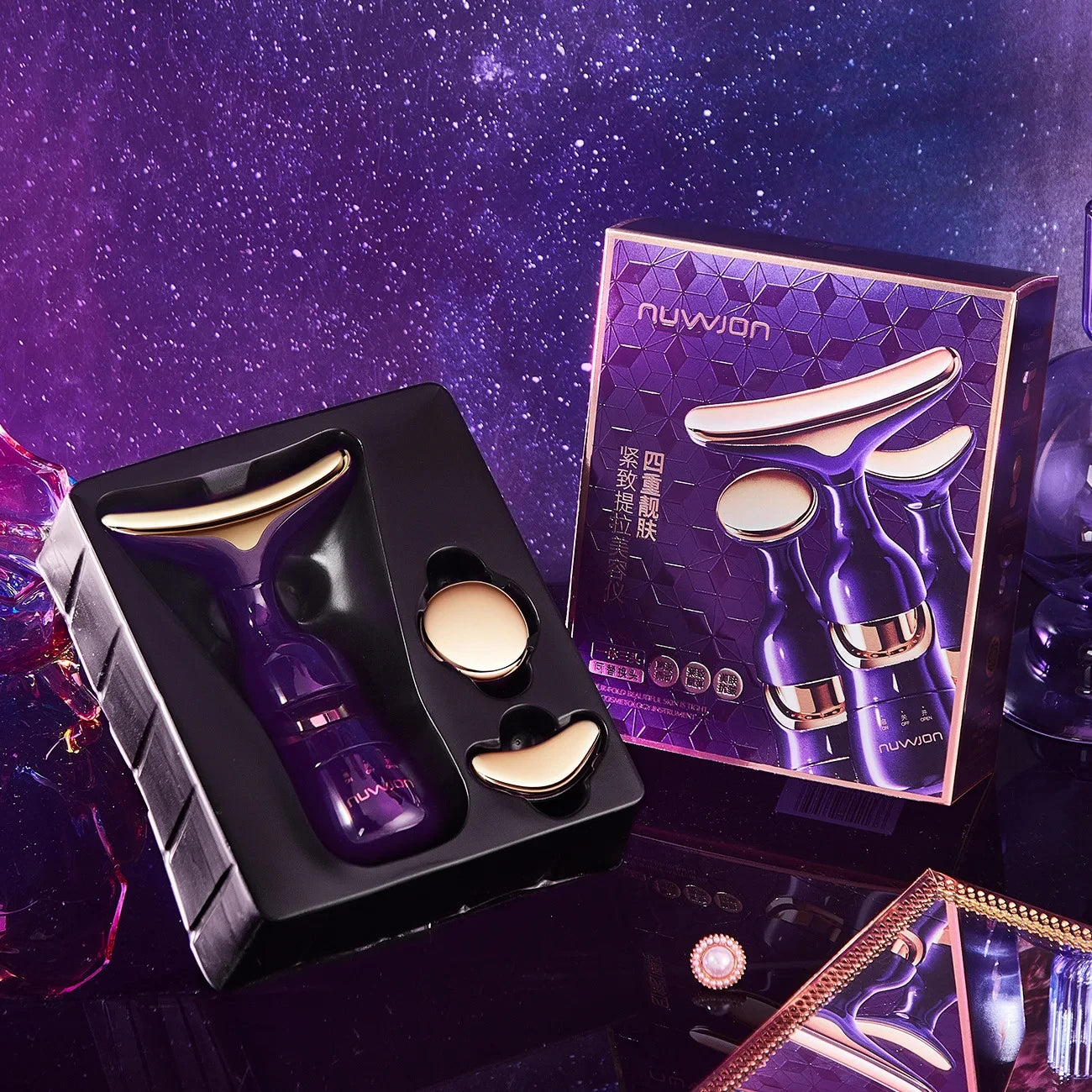 Dispositivo de lifting facial EMS 3 en 1 LuxuryGlow: masajeador antiedad para rostro, ojos y cuello
