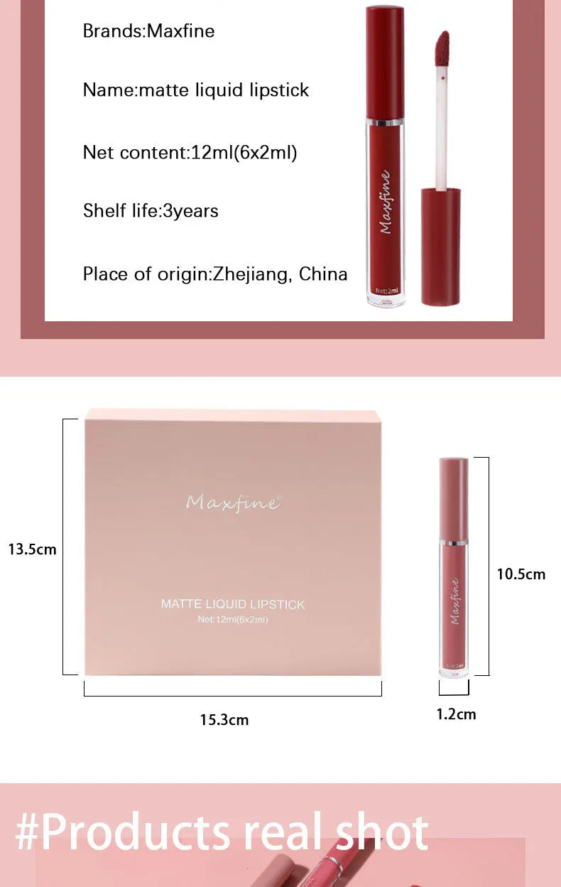 Set de brillo labial mate MAXFINE: 6 labiales resistentes al agua y de larga duración en caja de regalo