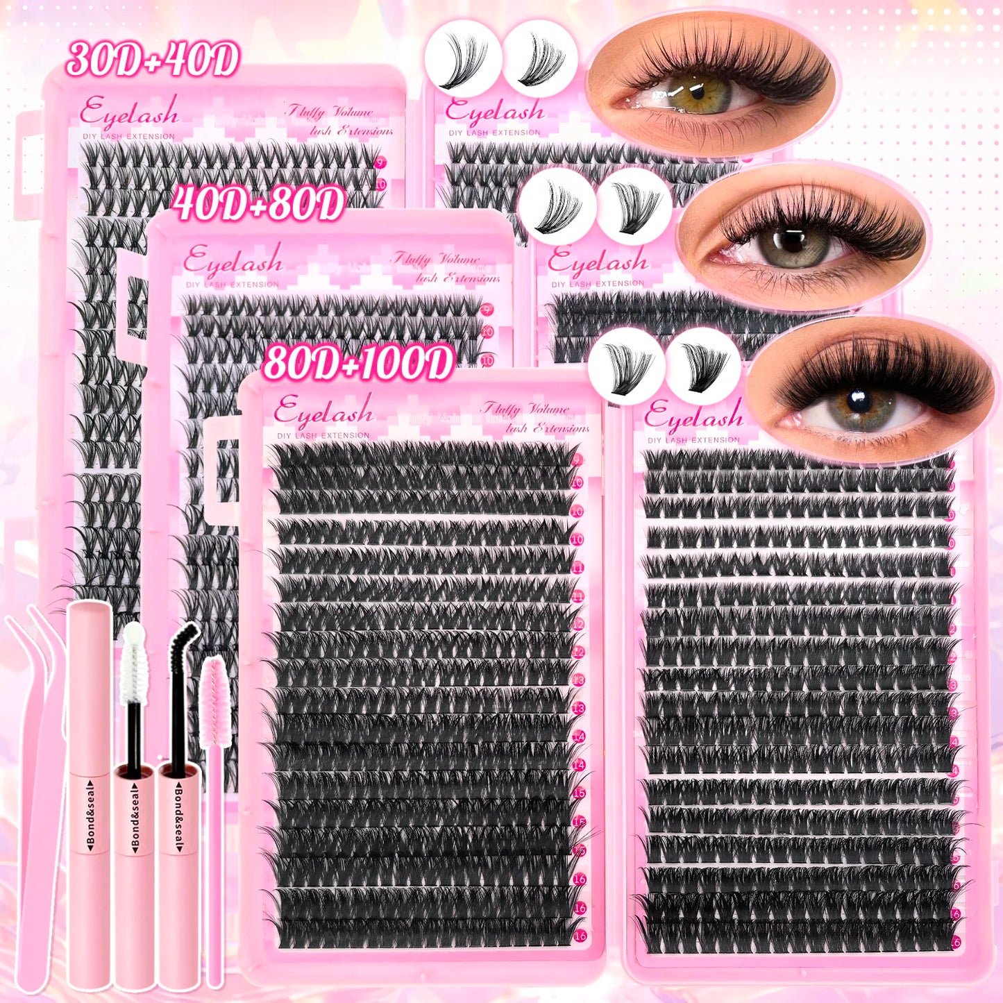 مجموعة تمديد الرموش من LuxuryGlow DIY - 720 رموشًا فردية مجمعة مع رابطة وختم
