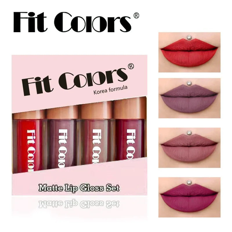 Set de brillo labial LuxuryGlow Fit Colors Velvet: 4 piezas de brillo labial duradero y resistente a las manchas con acabado diamante.