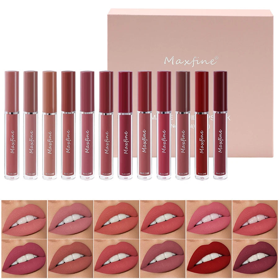 Set de brillo labial mate MAXFINE: 6 labiales resistentes al agua y de larga duración en caja de regalo