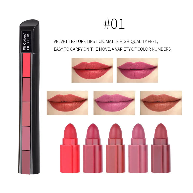 LuxuryGlow Fit Colors 5-in-1 Matte Lipstick Set – Velvet Finish, Non-Stick, Long-Lasting