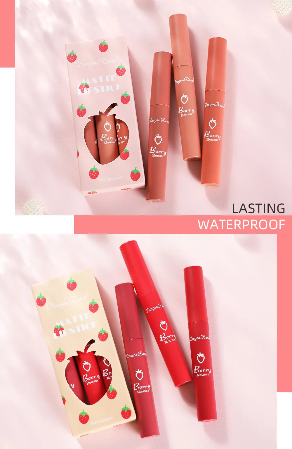 Dragon Ranee - Set de 3 brillos labiales mate de fresa aterciopelados: resistentes al agua y de larga duración