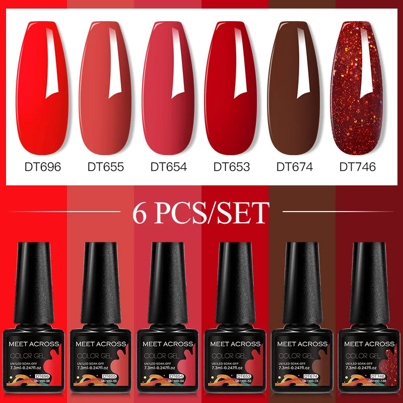 MEET ACROSS 6PC UV LED Gel Nail Polish Set – Soak Off Semi-Permanent Manicure Kit (7ml Each) C75