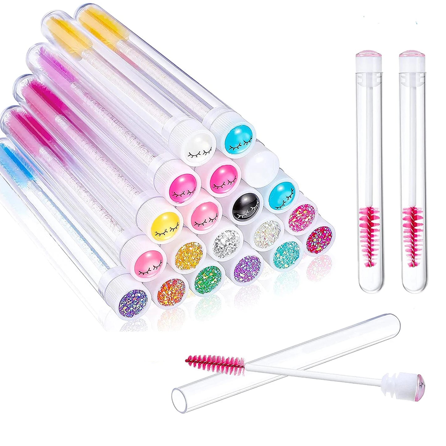 LuxuryGlow 50Pcs Reusable Eyebrow & Eyelash Brush Tubes – Dustproof Sparkling Makeup Brush Holders