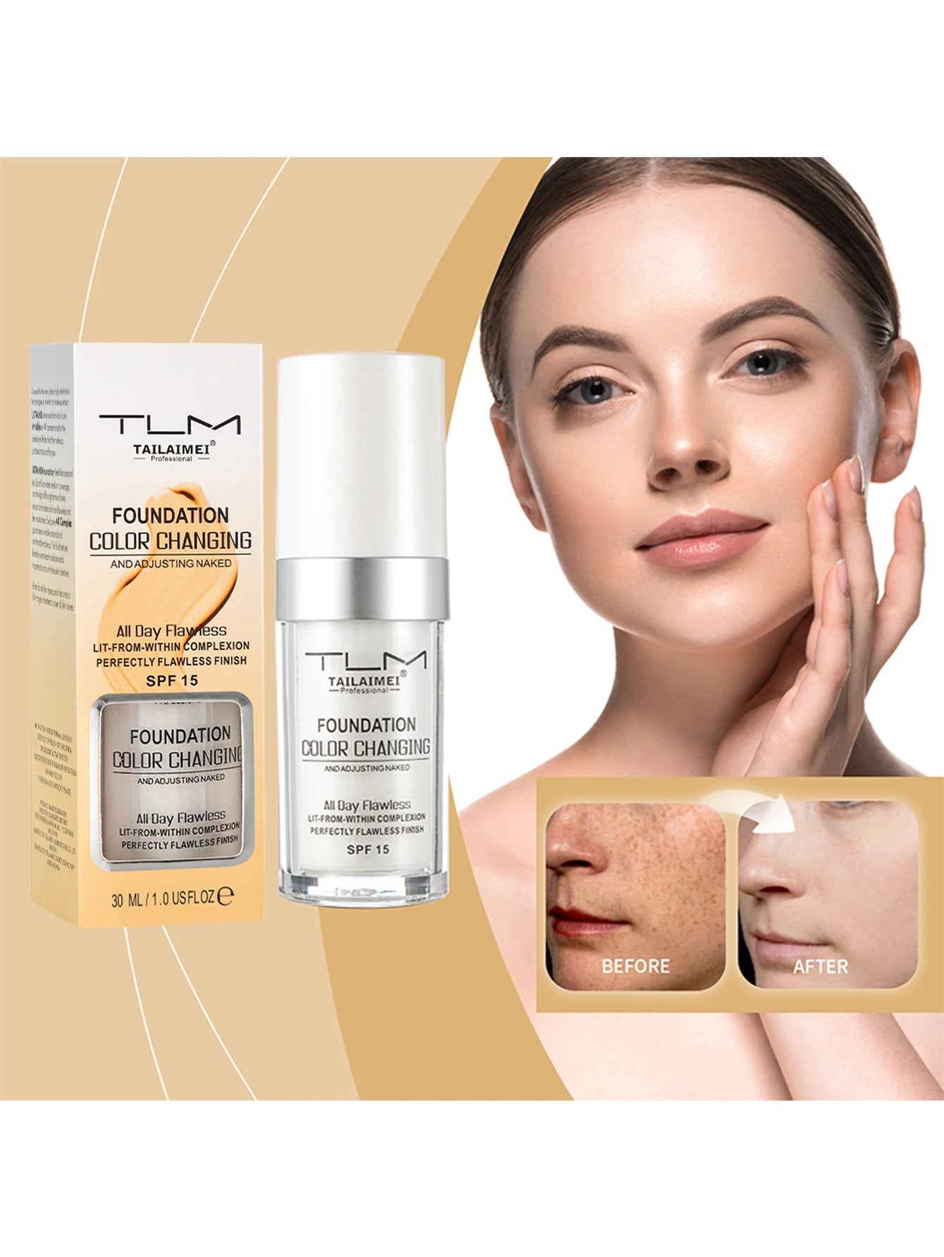 Base de maquillaje líquida LuxuryGlow Warm Change: resistente al agua, con control de grasa y protección FPS