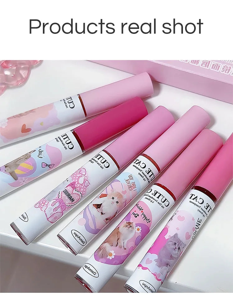 DAIMANPU - Set de brillos labiales con espejo de gato: 6 labiales brillantes, hidratantes y duraderos