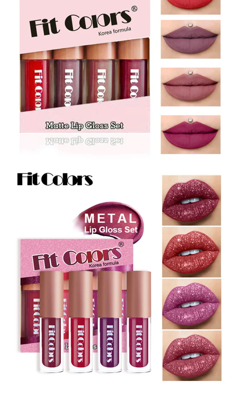 Set de brillo labial LuxuryGlow Fit Colors Velvet: 4 piezas de brillo labial duradero y resistente a las manchas con acabado diamante.