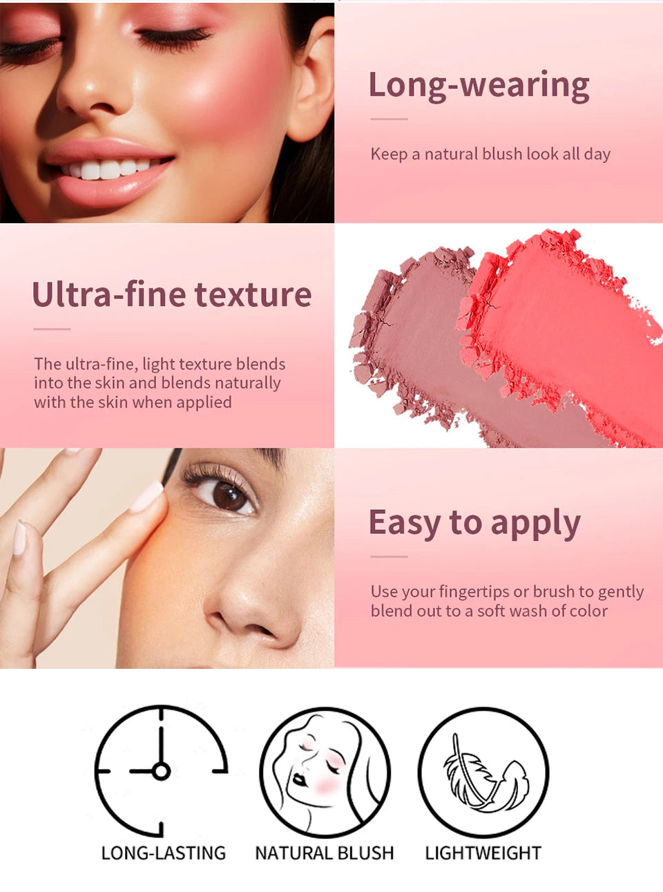 Paleta de rubor mate en relieve LuxuryGlow de 6 colores: alta pigmentación, brillo rosado natural