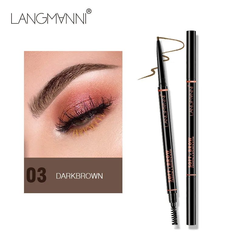 قلم حواجب Langmanni مزدوج الطرف مقاوم للماء - رأس رفيع 1.5 مم + فرشاة لحواجب طبيعية تدوم طويلاً