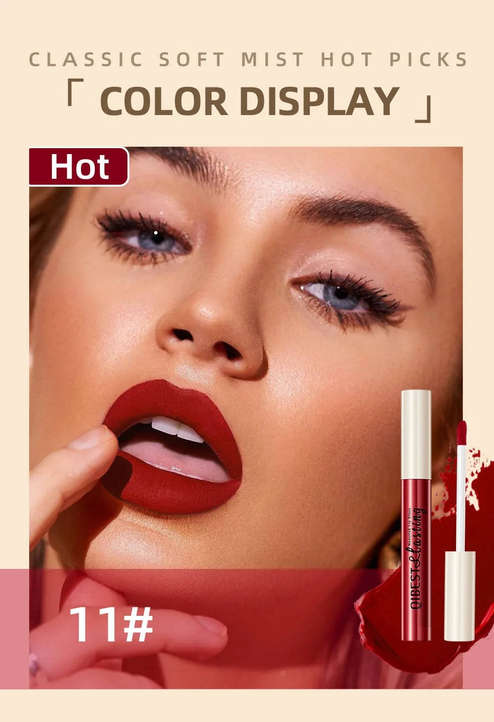 Labial líquido mate QiBest: duradero, resistente a las manchas y con acabado aterciopelado.