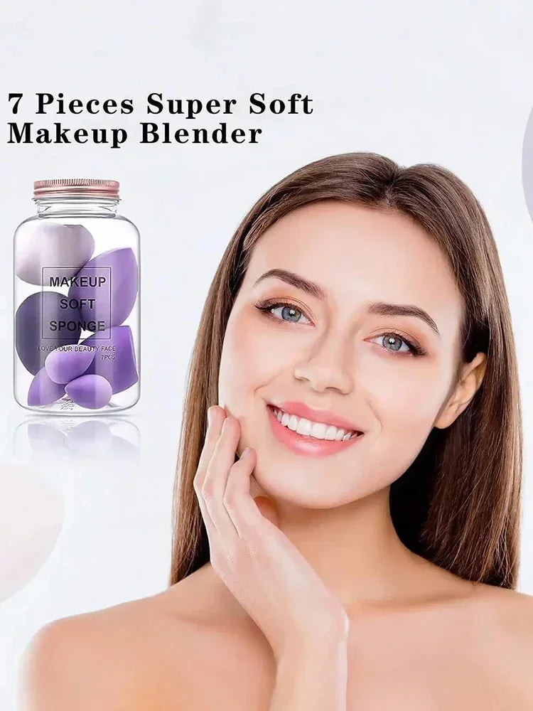 Juego de 7 esponjas de maquillaje con degradado LuxuryGlow con caja de cartón para guardar huevos: suaves y reutilizables.