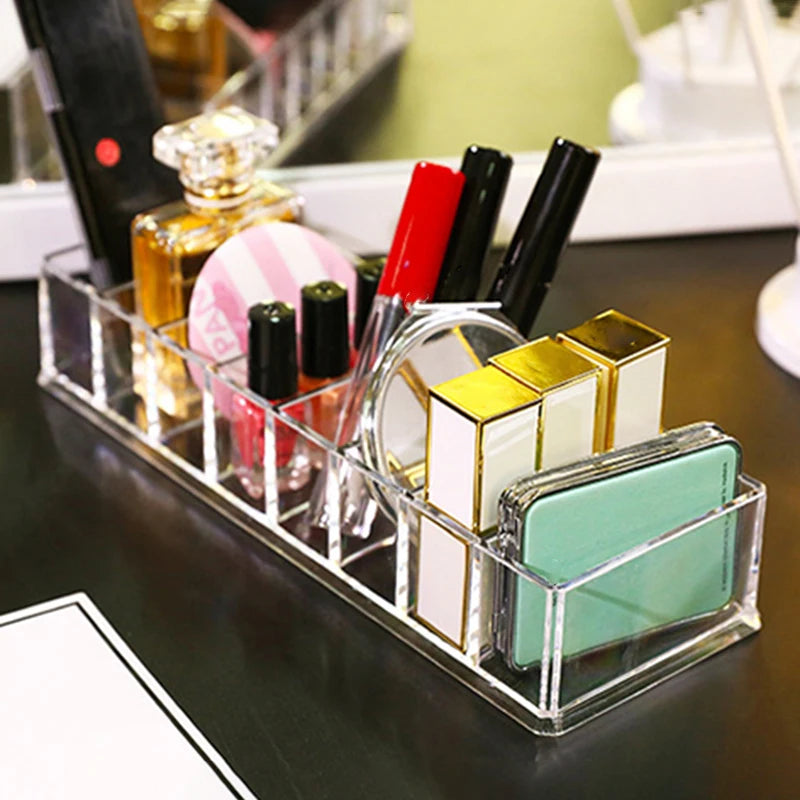 Caja de almacenamiento de cosméticos acrílica LuxuryGlow de 8 compartimentos: organizador de maquillaje para polvos, labiales y esmaltes de uñas