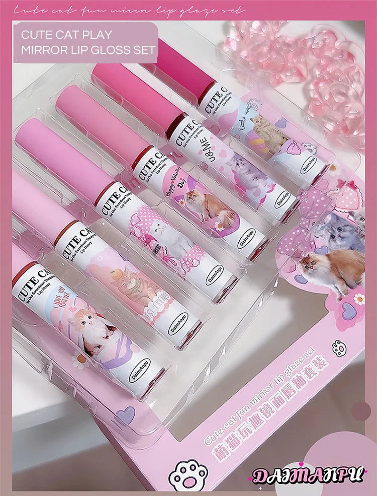 DAIMANPU - Set de brillos labiales con espejo de gato: 6 labiales brillantes, hidratantes y duraderos
