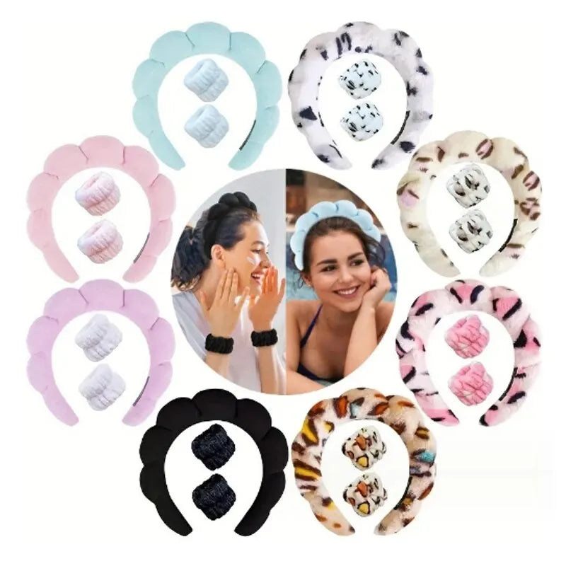 LuxuryGlow Soft Cloud Hair Band Set – 3pcs Fluffy Headbands for Makeup & Skincare
