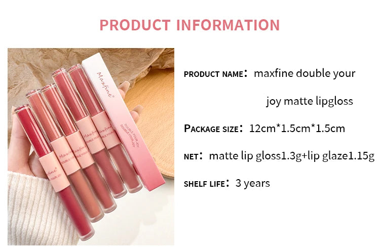 MAXFINE Brillo de labios de doble punta, resistente al agua, hidratante, duradero, mate, terciopelo, espejo, brillo de labios, cosméticos
