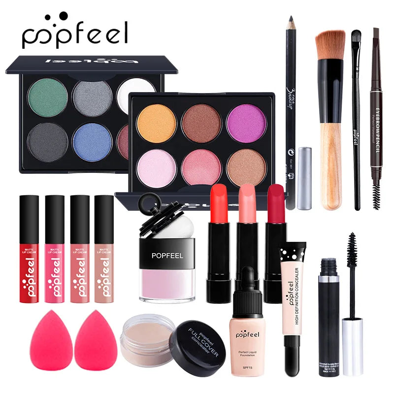 مجموعة هدايا مكياج POPFEEL من LuxuryGlow - مجموعة كاملة للوجه مع ظلال العيون، ملمع الشفاه، كريم الأساس، والفرش