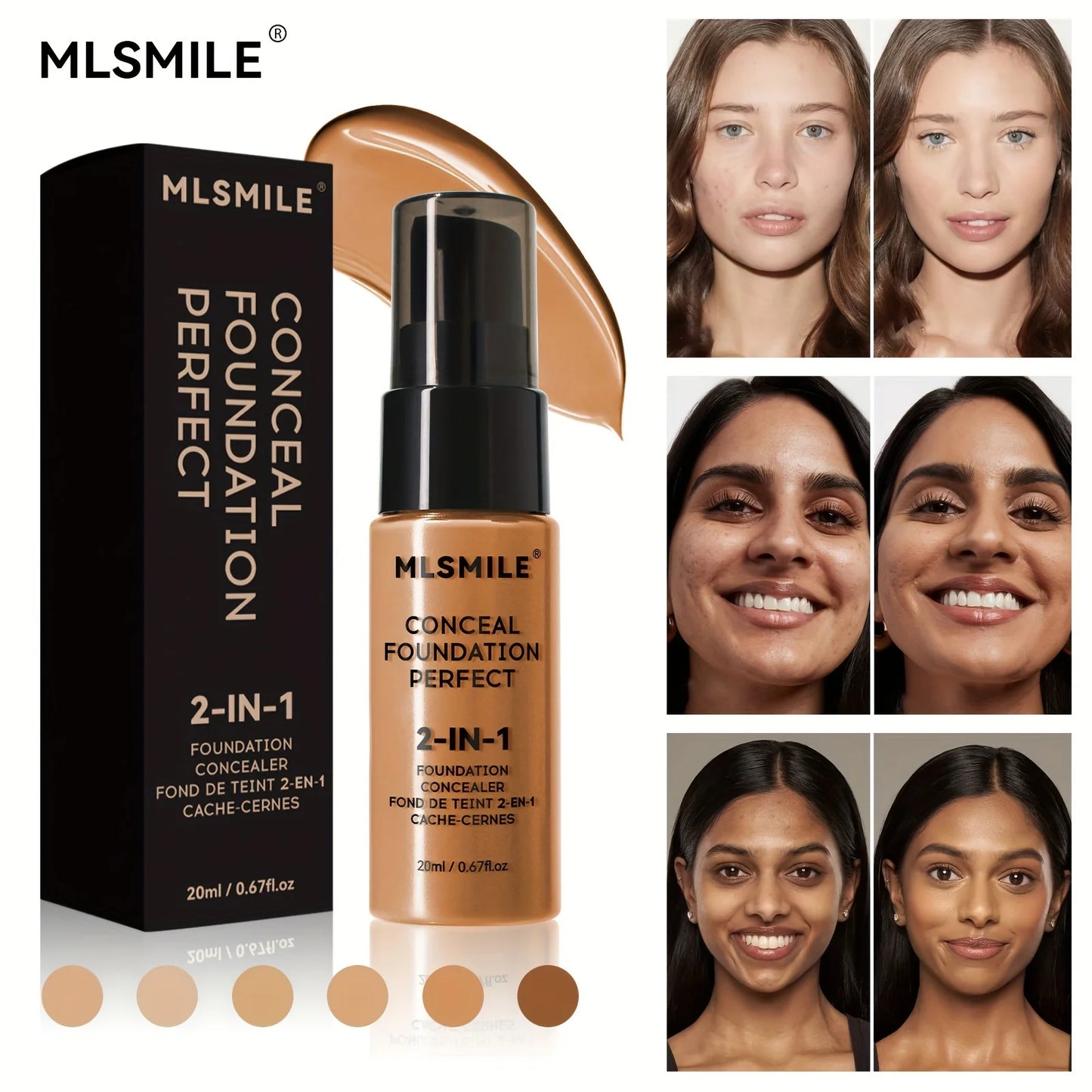 Base de maquillaje líquida y corrector 2 en 1 MLSMILE: cobertura total, resistente al agua, hidratante