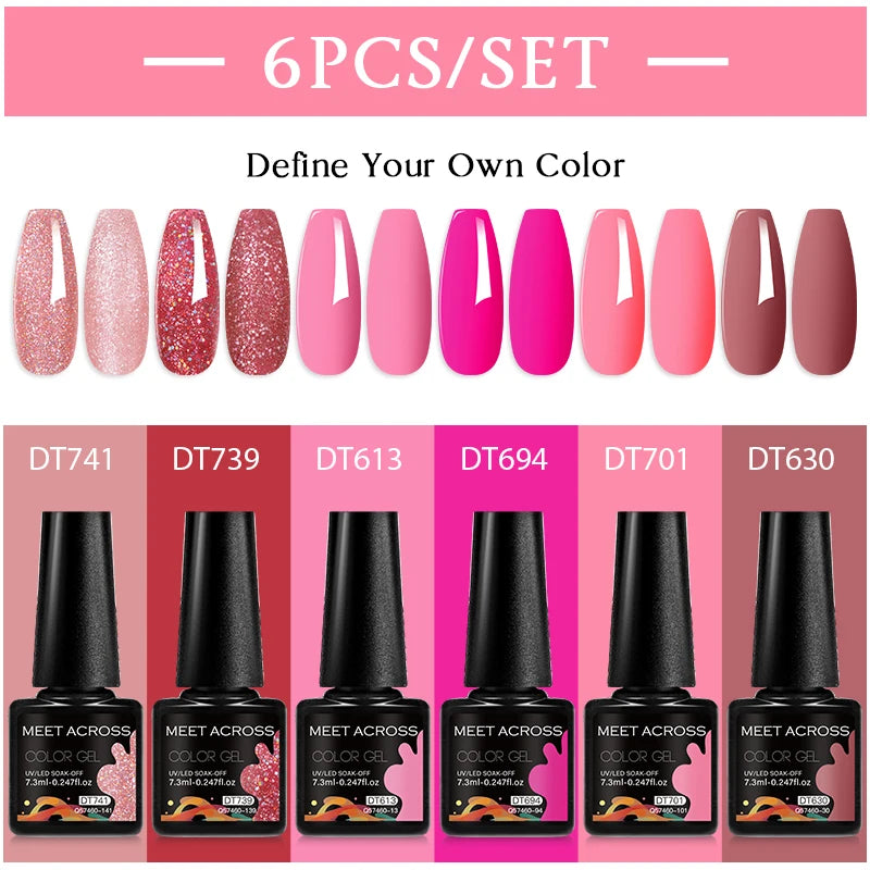 MEET ACROSS 6PC UV LED Gel Nail Polish Set – Soak Off Semi-Permanent Manicure Kit (7ml Each) C25