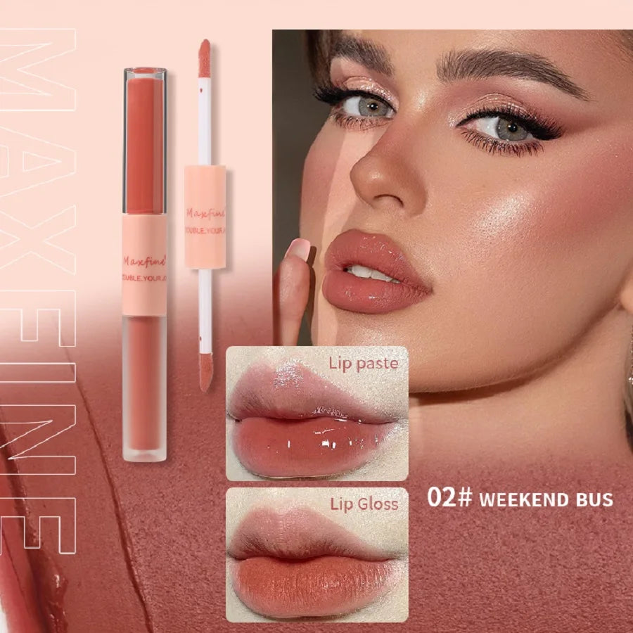 MAXFINE Brillo de labios de doble punta, resistente al agua, hidratante, duradero, mate, terciopelo, espejo, brillo de labios, cosméticos