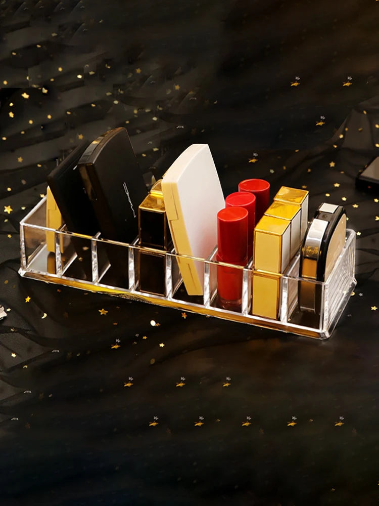 Caja de almacenamiento de cosméticos acrílica LuxuryGlow de 8 compartimentos: organizador de maquillaje para polvos, labiales y esmaltes de uñas