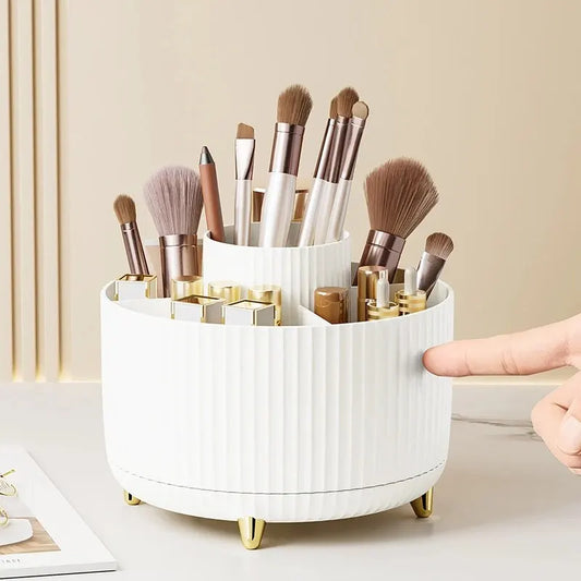 LuxuryGlow Rotating Makeup Brush Organizer – 360° Cosmetic Storage Box for Vanity Desk