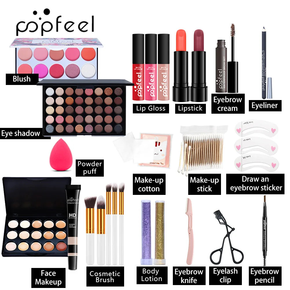 مجموعة هدايا مكياج POPFEEL من LuxuryGlow - مجموعة كاملة للوجه مع ظلال العيون، ملمع الشفاه، كريم الأساس، والفرش