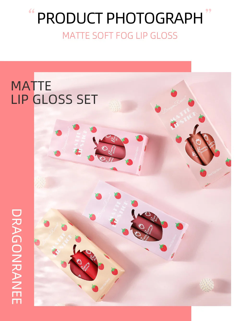 Dragon Ranee - Set de 3 brillos labiales mate de fresa aterciopelados: resistentes al agua y de larga duración